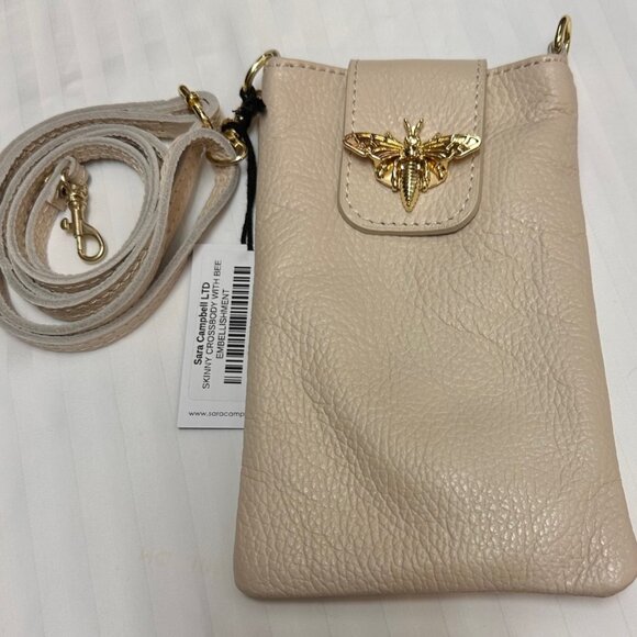 Sara Campbell Skinny Crossbody with Bee in Cream Color Soft Pebbled Leather ~NEW - Picture 1 of 4